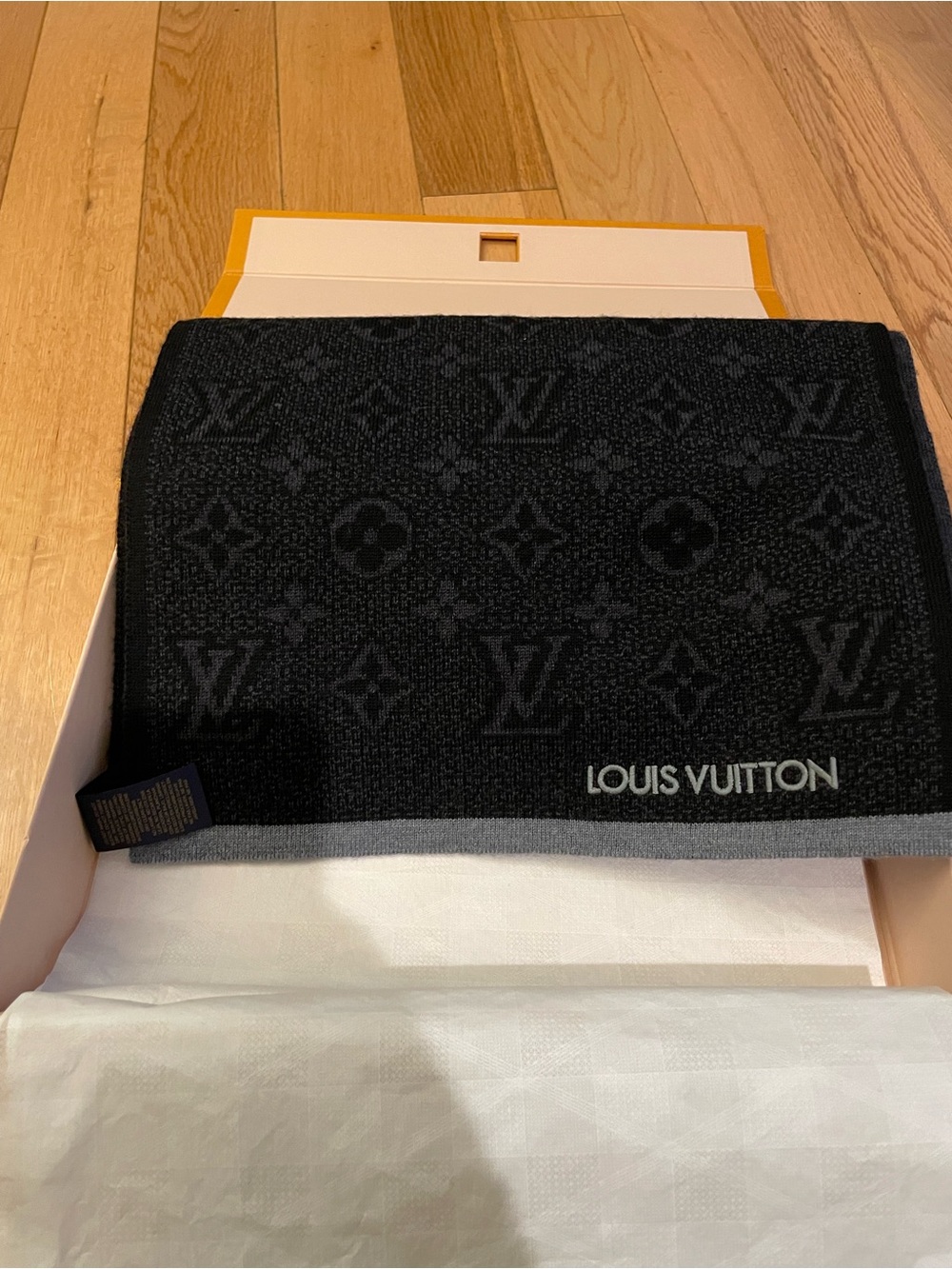 Louis Vuitton Black & Gray Monogram Logo Scarf